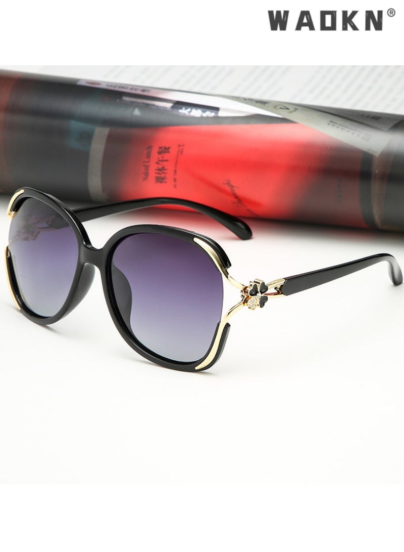 دبليو أيه أو كي أن نظارات شمسية فراشة كبيرة الحجم للسيدات نظارات شمسية حماية من الأشعة فوق البنفسجية 400 مع إطار معدني مزين بالزهور ، أزياء كبيرة الحجم مضادة للوهج مظلات الشمس للنساء مع حالة النظارات (أسود) - Image 5