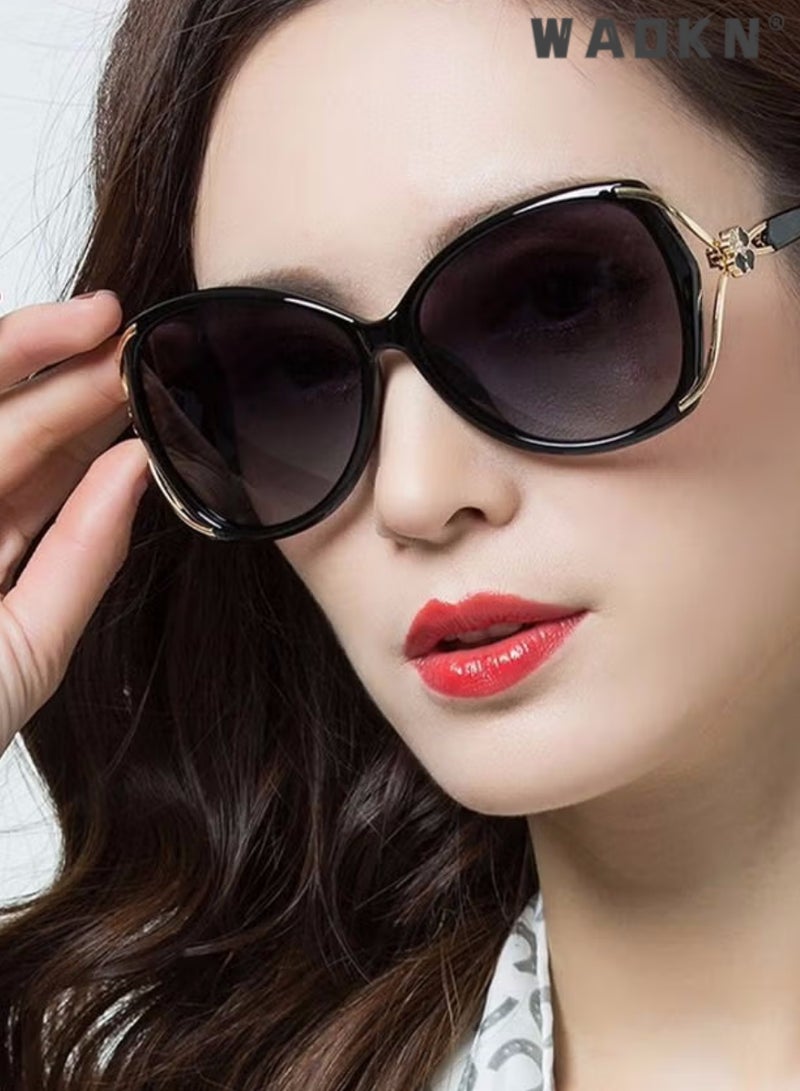 دبليو أيه أو كي أن نظارات شمسية فراشة كبيرة الحجم للسيدات نظارات شمسية حماية من الأشعة فوق البنفسجية 400 مع إطار معدني مزين بالزهور ، أزياء كبيرة الحجم مضادة للوهج مظلات الشمس للنساء مع حالة النظارات (أسود) - Image 3