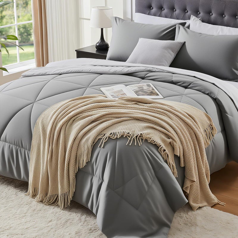 BEDELITE Twin XL Comforter Set 5 Pieces Bed in A Bag - Soft Microfiber Reversible Twin Extra Long Grey Bed Set with Comforters, Sheets, Pillowcase & Sham, Cozy Bedding Sets for College Dorm Room - Image 1
