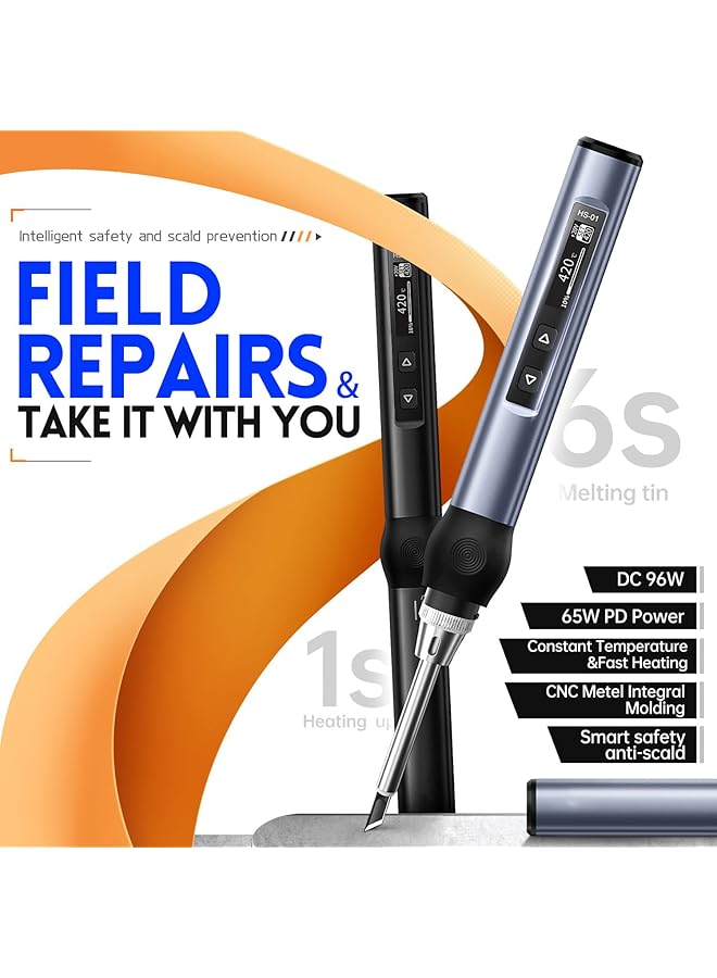 إيروريكس طقم مكواة لحام تيار مستمر PD 96 واط 65 واط مكواة لحام رقمية صغيرة قابلة للتعديل درجة الحرارة 80-420 درجة مئوية 6 رؤوس لحام شاشة OLED رقمية تسخين داخلي سريع وضع السكون التلقائي أزرق - Image 2