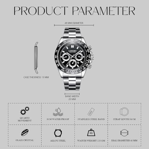 LONGBO Stainless Steel Men's Stainess Steel Analog Fashion Casual Luxury Dress Waterproof Quartz Wristwatches For Men With Decorative Non Functional Subdials|(Black Dial And Silver Band) - Image 5
