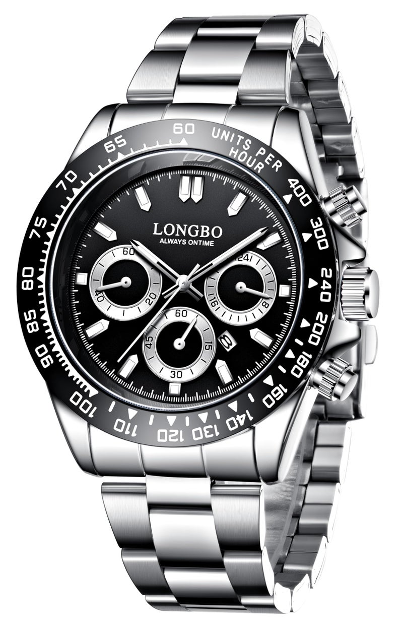 LONGBO Stainless Steel Men's Stainess Steel Analog Fashion Casual Luxury Dress Waterproof Quartz Wristwatches For Men With Decorative Non Functional Subdials|(Black Dial And Silver Band) - Image 1