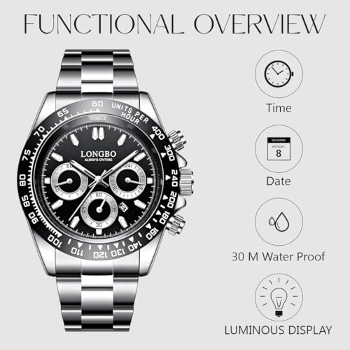 LONGBO Stainless Steel Men's Stainess Steel Analog Fashion Casual Luxury Dress Waterproof Quartz Wristwatches For Men With Decorative Non Functional Subdials|(Black Dial And Silver Band) - Image 4