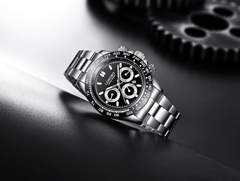 LONGBO Stainless Steel Men's Stainess Steel Analog Fashion Casual Luxury Dress Waterproof Quartz Wristwatches For Men With Decorative Non Functional Subdials|(Black Dial And Silver Band) - Image 2