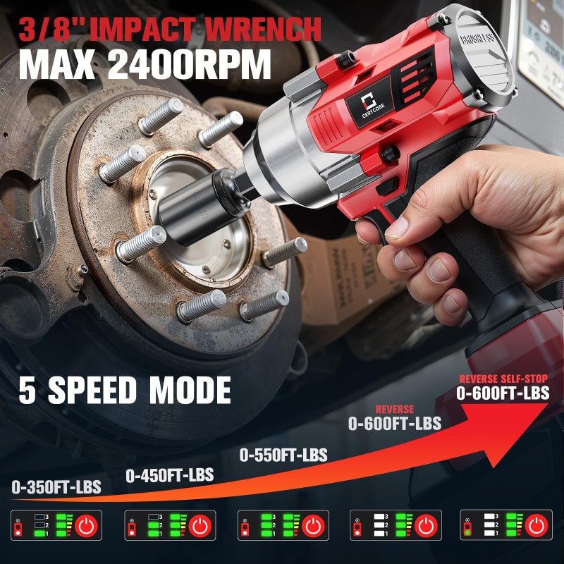 Cerycose Cordless Impact Wrench 3/8" Compatible with Milwaukee 18V Battery, 600Ft-lbs (800NÂ·m), Brushless Electric Impact Driver, 2400 RPM, LED Light â€“ Compact, Light-Duty(No Battery) - Image 2