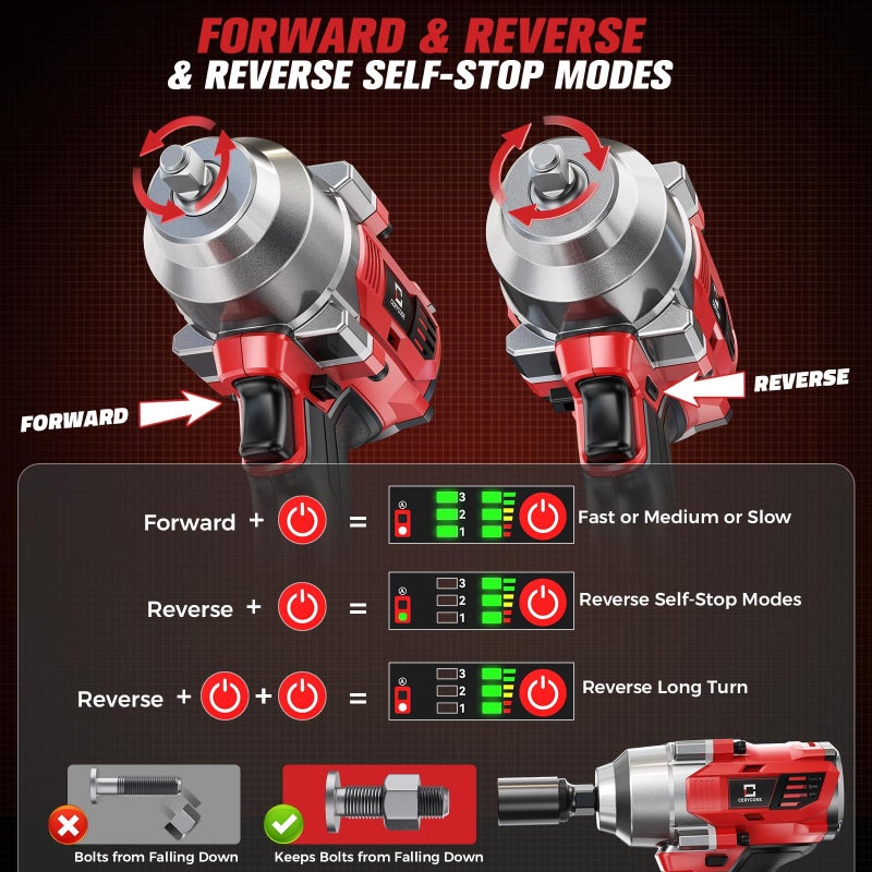 Cerycose Cordless Impact Wrench 3/8" Compatible with Milwaukee 18V Battery, 600Ft-lbs (800NÂ·m), Brushless Electric Impact Driver, 2400 RPM, LED Light â€“ Compact, Light-Duty(No Battery) - Image 5