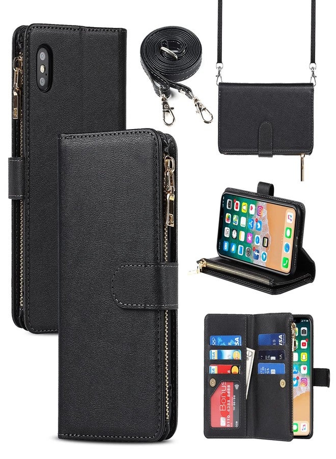 Jaorty for iPhone Xs Max Phone Wallet with Card Holder, Crossbody Case with Strap, Zipper Pocket PU Leather Case, 6.5" Black - Image 1