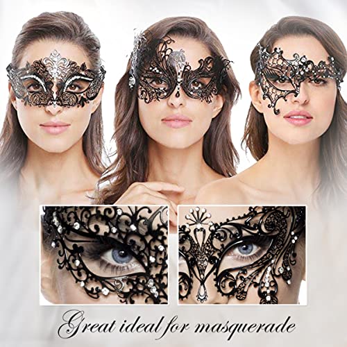 Cosmer Masquerade Mask for Women Shiny Laser Cut Metal Rhinestone Mask Party Porm Ball Mask (Black Ana) - Image 4