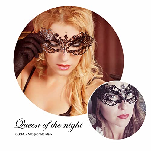 Cosmer Masquerade Mask for Women Shiny Laser Cut Metal Rhinestone Mask Party Porm Ball Mask (Black Ana) - Image 3