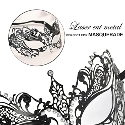 Cosmer Masquerade Mask for Women Shiny Laser Cut Metal Rhinestone Mask Party Porm Ball Mask (Black Ana) - Image 2