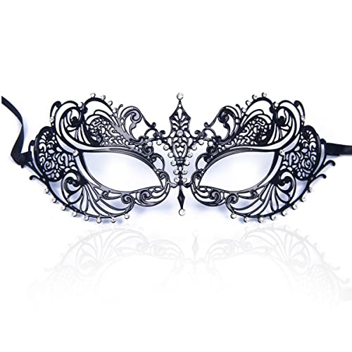 Cosmer Masquerade Mask for Women Shiny Laser Cut Metal Rhinestone Mask Party Porm Ball Mask (Black Ana) - Image 1
