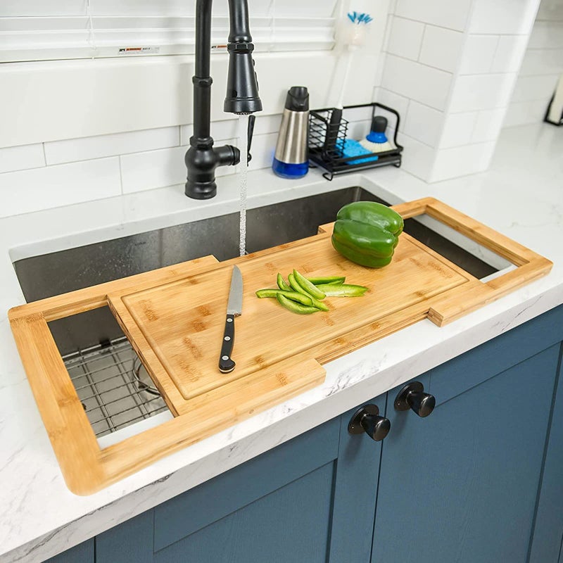 Hifybaty [2024 UPGRADE] Hifybaty Over The Sink Cutting Board - Expandable Cutting Board Over Sink, Bamboo Cutting Boards with Juice Groove, Kitchen Sink Cutting Board - Image 1