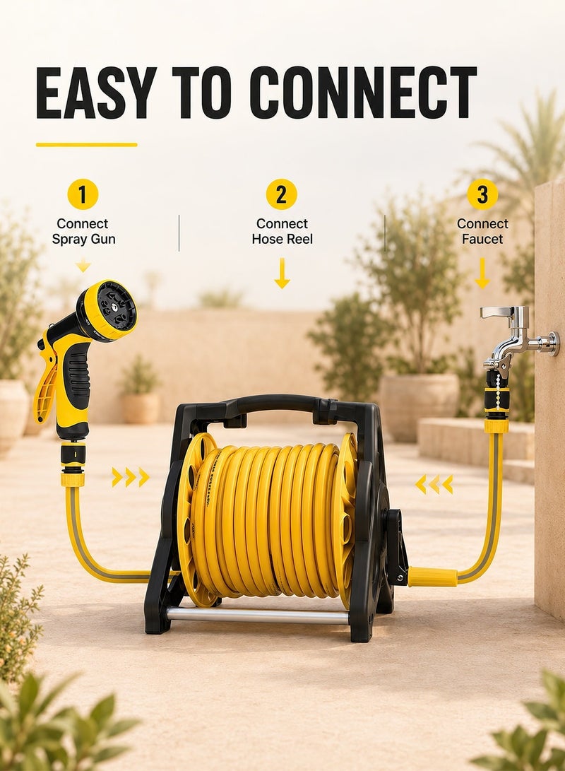 ALongDeng 30M Garden Hose Reel Set Garden Hose Reel Kit Water Hose Holder with 10 Types Water Gun and 2M Hoses Spray Heads for Household Garden Watering Car Wash - Image 4