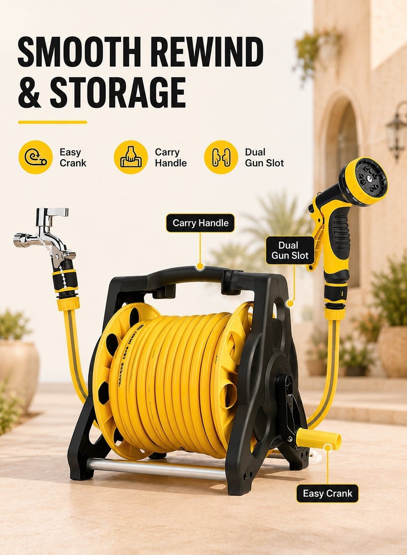 ALongDeng 30M Garden Hose Reel Set Garden Hose Reel Kit Water Hose Holder with 10 Types Water Gun and 2M Hoses Spray Heads for Household Garden Watering Car Wash - Image 5