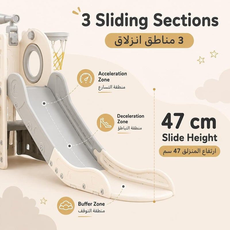Favarey 5 in 1 Toddler Slide, Indoor Outdoor Baby Slide with Basketball Hoop, Storage Space, Non-Slip Steps & Telescope, Children's Playground for Home Backyard - Image 4