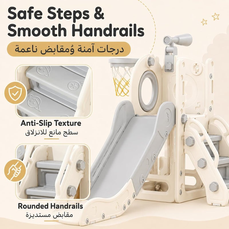 Favarey 5 in 1 Toddler Slide, Indoor Outdoor Baby Slide with Basketball Hoop, Storage Space, Non-Slip Steps & Telescope, Children's Playground for Home Backyard - Image 3