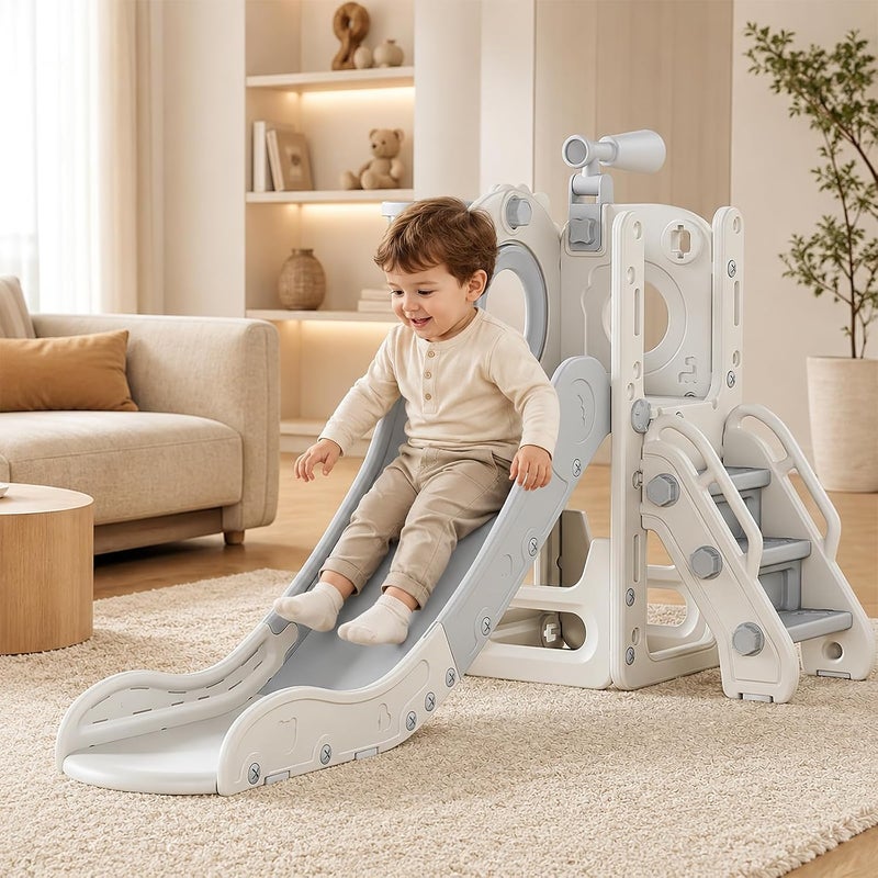Favarey 5 in 1 Toddler Slide, Indoor Outdoor Baby Slide with Basketball Hoop, Storage Space, Non-Slip Steps & Telescope, Children's Playground for Home Backyard - Image 1