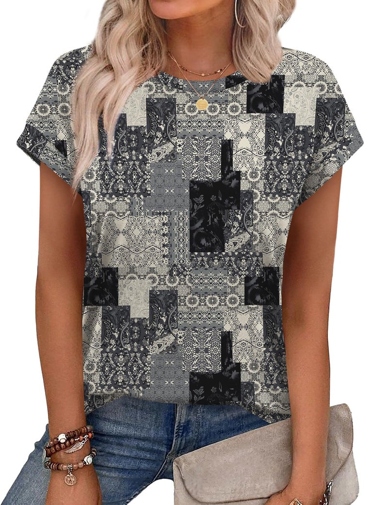 Alaroo Boho Tops for Women Summer Shirts Short Sleeve Spring Clothes Crew Neck Cute Trendy Vacation Outfits Tunic Blouses Print 56 M - Image 1