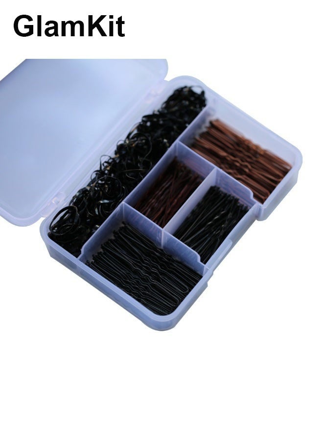 GlamKit Bobby Pins Hair Pins Kit With Store Box,Bobby Pin Hair Pins with Hair Bands for Girls and Women,Hair Accessories Black+Brown - Image 1
