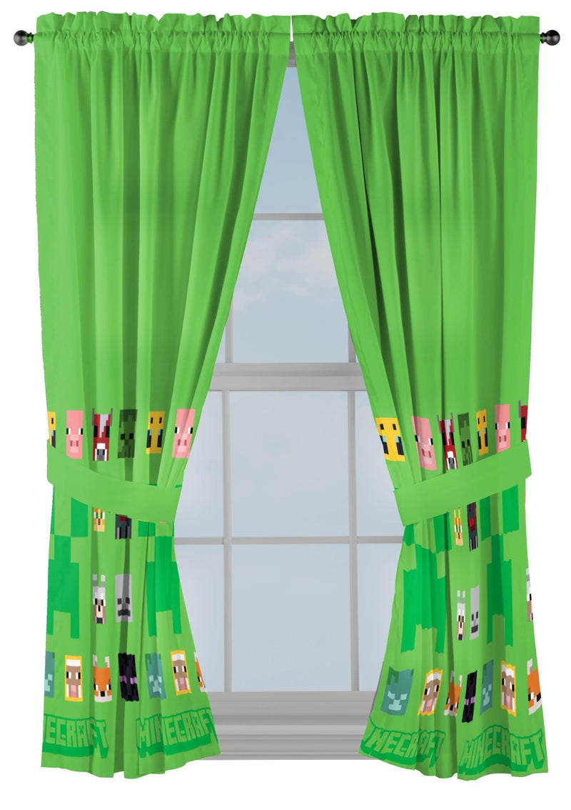 Sunny Side Up Window Curtains for Kids Bedroom 4-Piece Drape Set with 2 Tiebacks, Green - Minecraft, 42" W x 63" L (Pack of 2) - Image 1