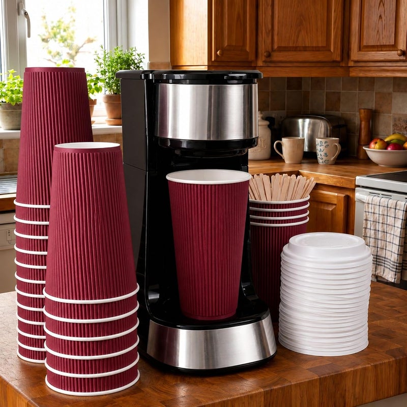 Restaurantware 16 Ounce Paper Coffee Cups, Pack of 25 Ripple Wall Disposable Cups – Leakproof, Recyclable, Crimson Insulated Hot Beverage Holders, with Matching Lids Available Sold Separately - Image 3
