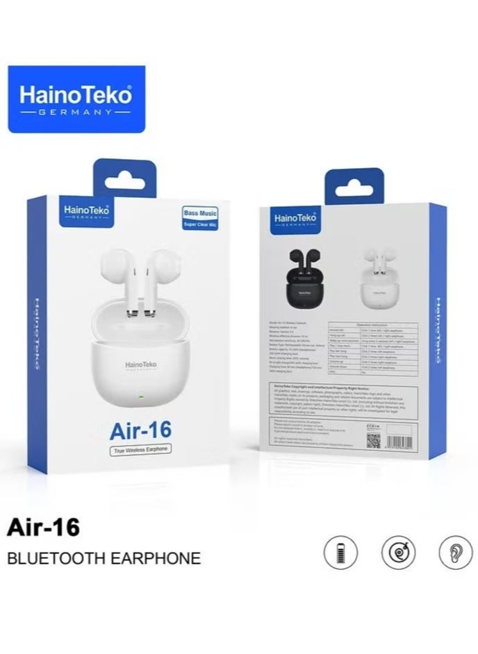 Haino Teko Wireless AIR-16 In-Ear Bluetooth Earphones – Premium Sound, Comfortable Fit, Free Cover with Hook, Original Quality, Compatible with iOS and Android Devices – Sleek White Design, Sweatproof, High-Performance Audio, Long Battery Life - Image 2
