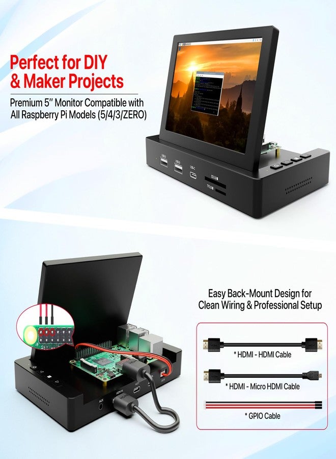 ROADOM 5'' Mini Monitor with Raspberry Pi Mount Holes & USB HUB, Type-C One-Cable Connection&Speakers, All-in-One Storage Dock, Pocket IPS Screen for PC monitoring/Gaming/AIDA64/Streaming Partner - Image 4