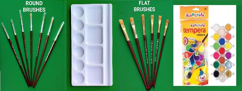 FIRST CLICK Art 10 Wells Medium Palette Size 9cm X 16cm, Brush Set Round & Flat + 12 Shade Rangeela Water Color - Image 1
