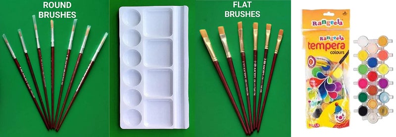 FIRST CLICK Art 10 Wells Medium Palette Size 9cm X 16cm, Brush Set Round & Flat + 12 Shade Rangeela Water Color - Image 2