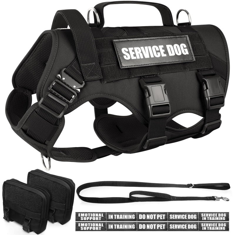 WINSEE Tactical Dog Harness with Dog Leash, Service Working MOLLE Vest with 10 Pet Patches for Large Dog, No Pull Military Harness and Backpack for Training Hunting Walking - Image 1