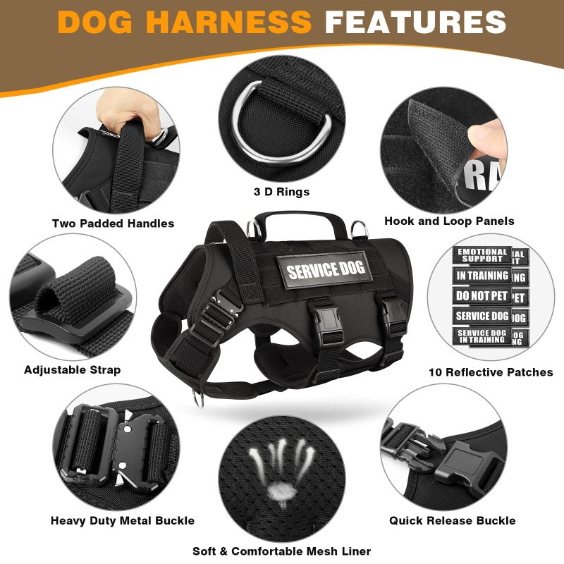 WINSEE Tactical Dog Harness with Dog Leash, Service Working MOLLE Vest with 10 Pet Patches for Large Dog, No Pull Military Harness and Backpack for Training Hunting Walking - Image 3