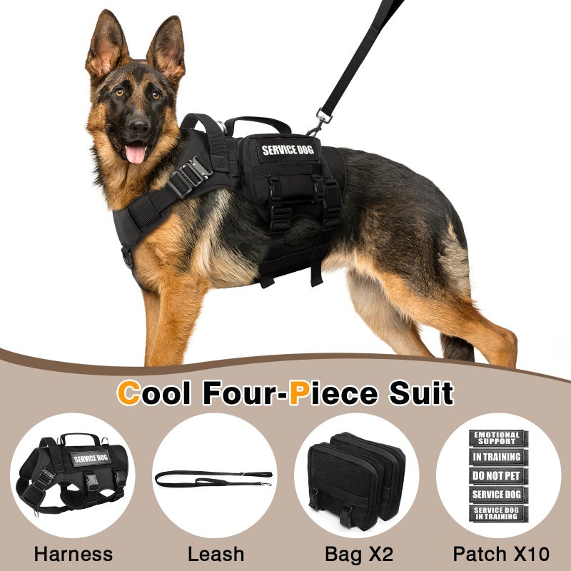 WINSEE Tactical Dog Harness with Dog Leash, Service Working MOLLE Vest with 10 Pet Patches for Large Dog, No Pull Military Harness and Backpack for Training Hunting Walking - Image 2