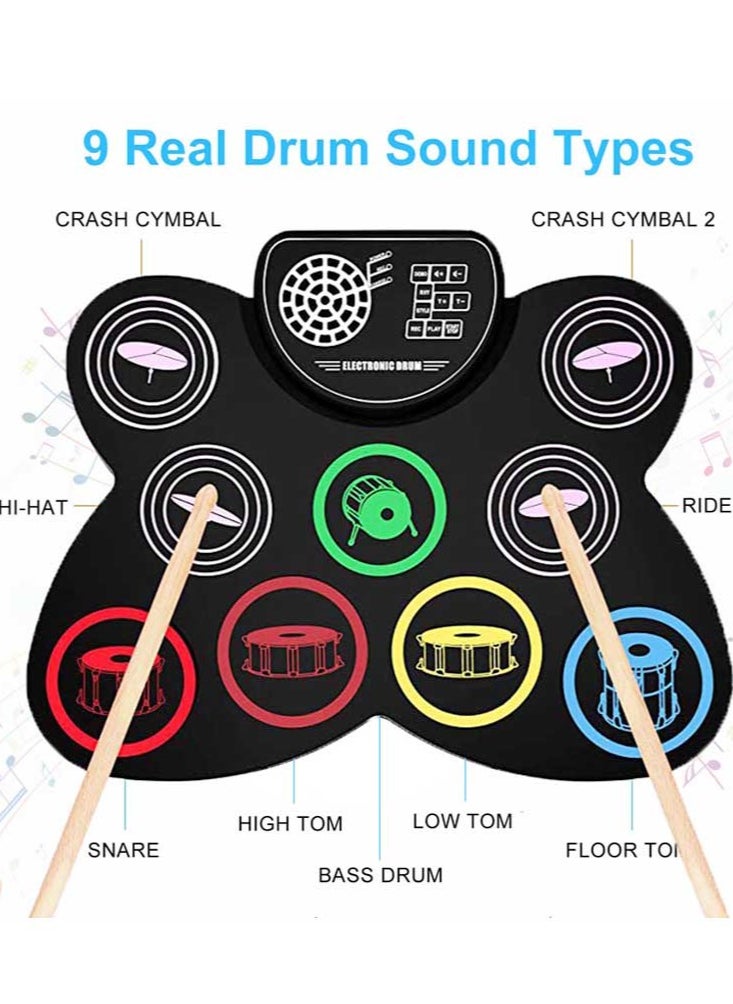 Joshberg - Electronic Drum Set,  9 Drum Practice Pad with Headphone Jack for Kids, Roll-up Drum Pad Machine Built-in Speaker Drum Pedals Drum - Image 1