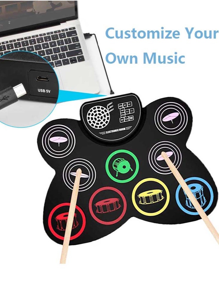 Joshberg - Electronic Drum Set,  9 Drum Practice Pad with Headphone Jack for Kids, Roll-up Drum Pad Machine Built-in Speaker Drum Pedals Drum - Image 1