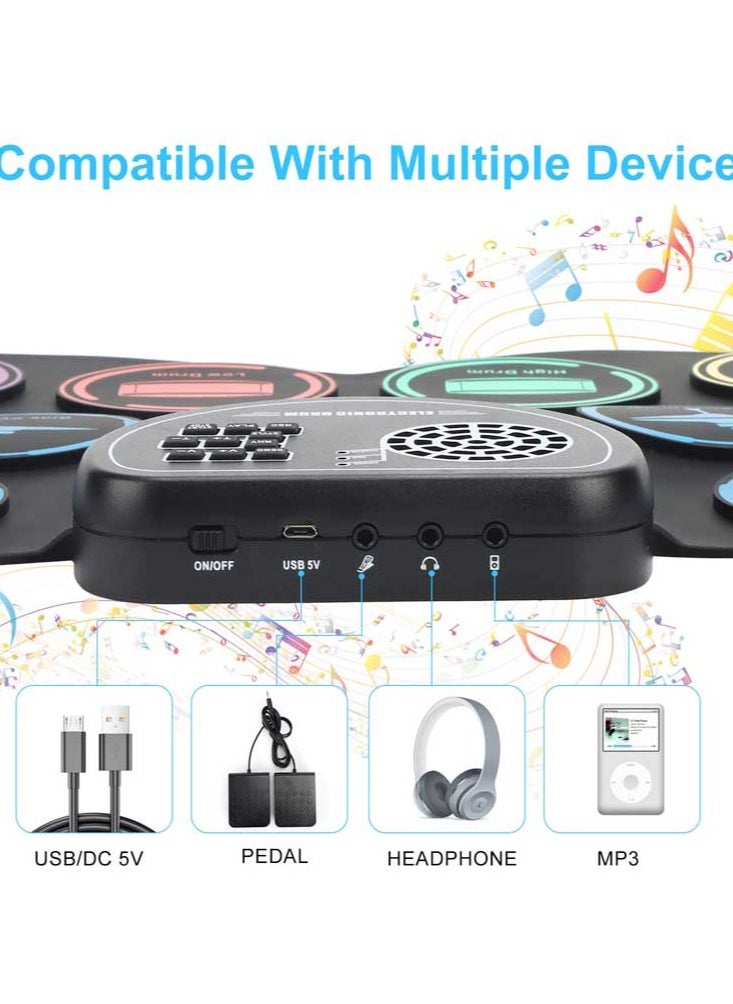 Joshberg - Electronic Drum Set,  9 Drum Practice Pad with Headphone Jack for Kids, Roll-up Drum Pad Machine Built-in Speaker Drum Pedals Drum - Image 1
