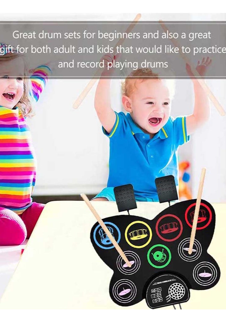 Joshberg - Electronic Drum Set,  9 Drum Practice Pad with Headphone Jack for Kids, Roll-up Drum Pad Machine Built-in Speaker Drum Pedals Drum - Image 1