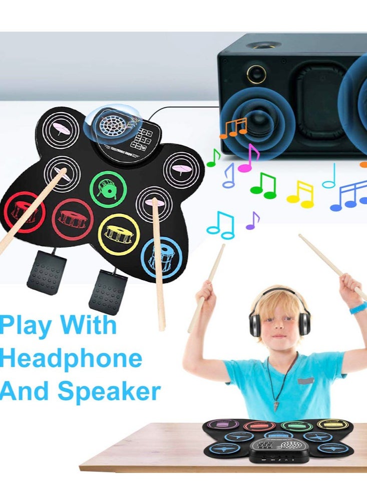 Joshberg - Electronic Drum Set,  9 Drum Practice Pad with Headphone Jack for Kids, Roll-up Drum Pad Machine Built-in Speaker Drum Pedals Drum - Image 1