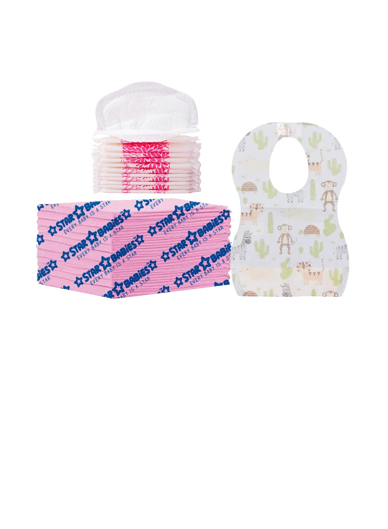 Star Babies Combo Pack (Changing mat 12pcs, Breast Pad 12pcs, Disposable Bibs 12pcs)-Pink