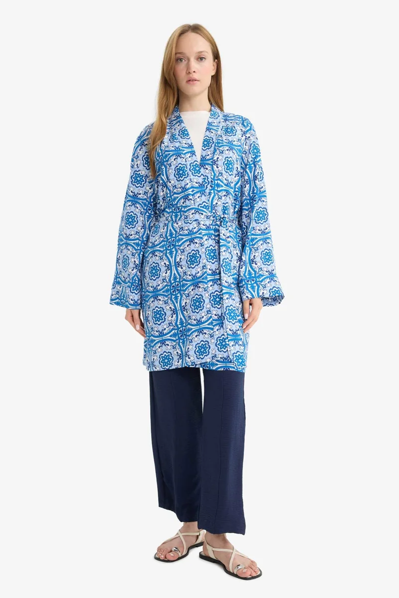 DeFacto Relax Fit Crew Neck Patterned Viscose Kimono