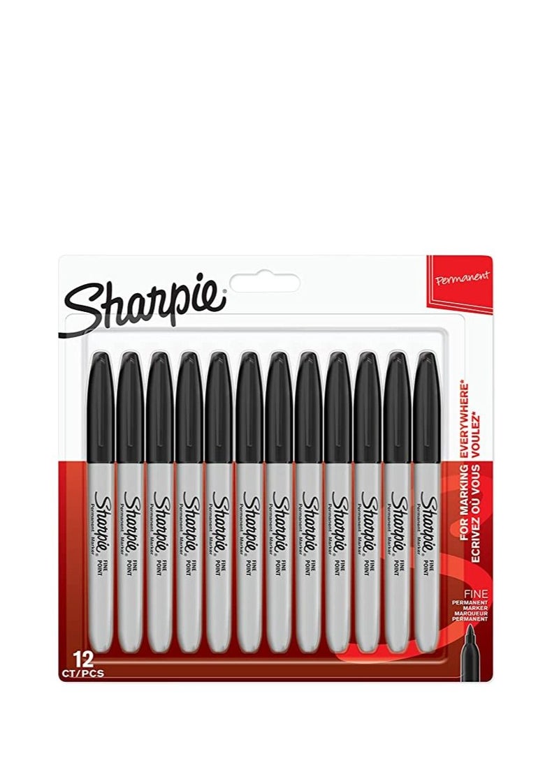 Sharpie مجموعة من 12 قلم ماركر دائم برأس رفيع وحبر أسود من شاربي 