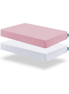 Biloban Biloban Mini Crib Sheets, Pack N Play Sheet Fitted, 2 Pack Portable Playard Sheets, Ultra Soft Microfiber Pack and Play Sheets, White & Pink, Preshrunk  - Image 1