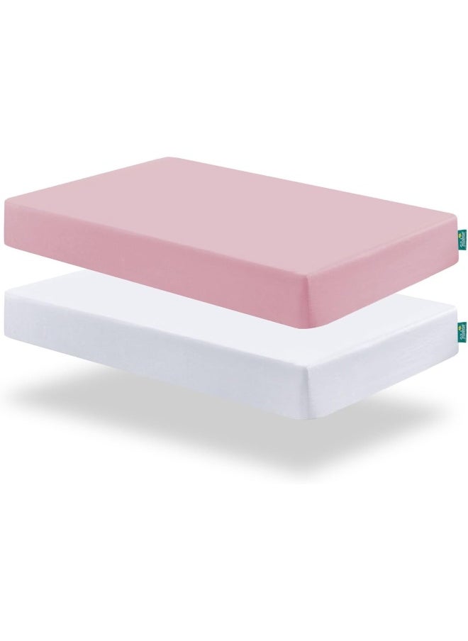 Biloban - Biloban Mini Crib Sheets, Pack N Play Sheet Fitted, 2 Pack Portable Playard Sheets, Ultra Soft Microfiber Pack and Play Sheets, White & Pink, Preshrunk - Image 1