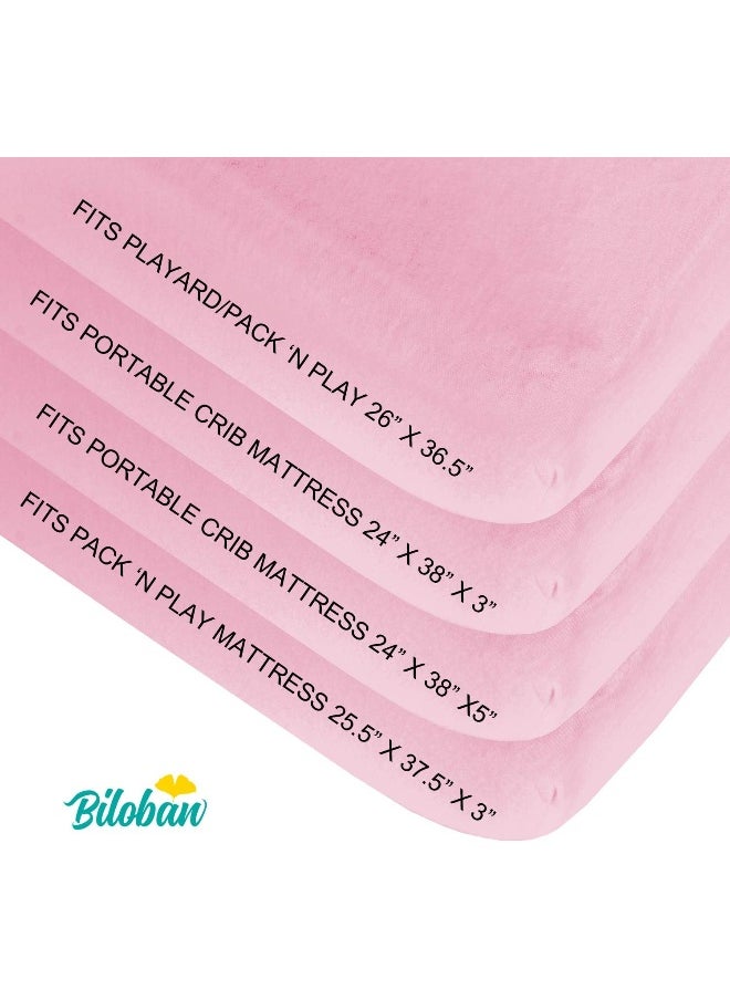 Biloban - Biloban Mini Crib Sheets, Pack N Play Sheet Fitted, 2 Pack Portable Playard Sheets, Ultra Soft Microfiber Pack and Play Sheets, White & Pink, Preshrunk - Image 1