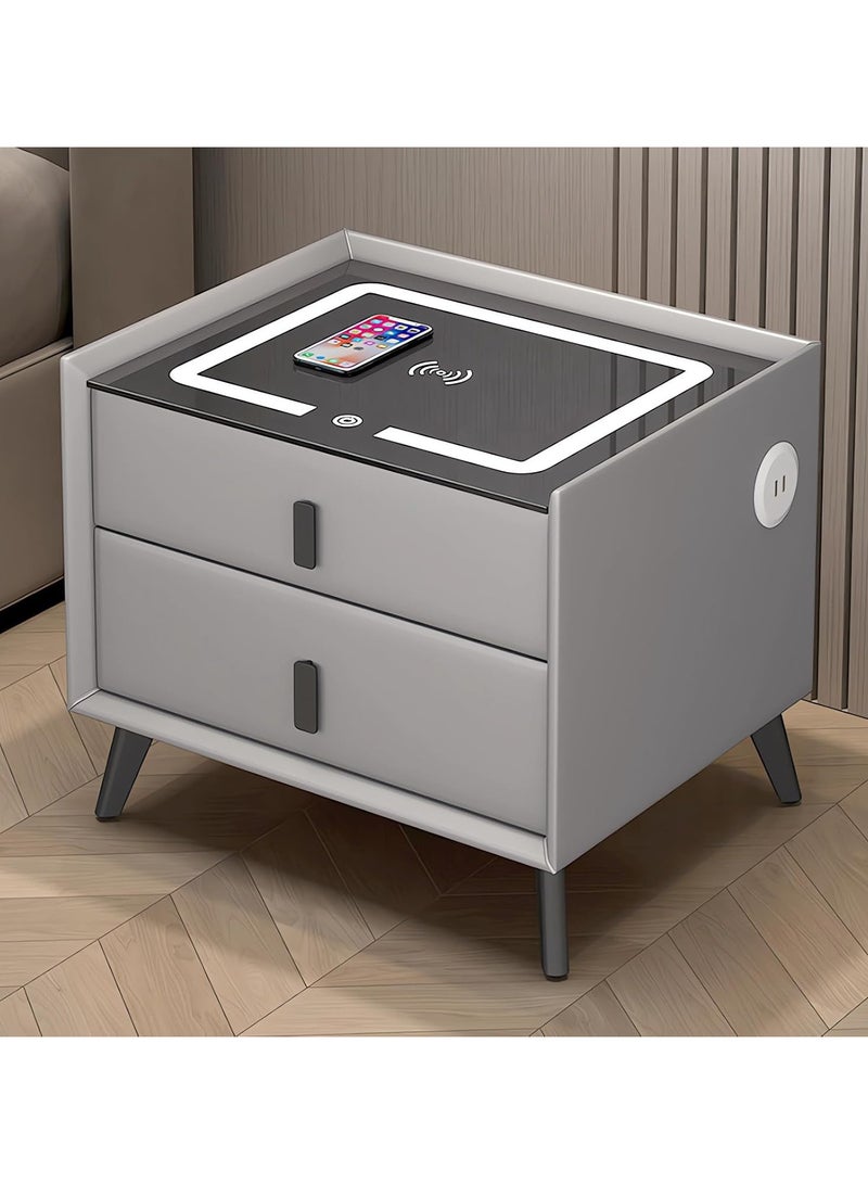 AUTOYSUR طاولة بجانب السرير مع درجين، طاولات جانبية بشحن لاسلكي، طاولة ذكية حديثة، طاولة جانبية بلمسة ذكية، شريط إضاءة ثلاثي الألوان لغرفة النوم مع USB لغرفة المعيشة (رمادي) - Image 1