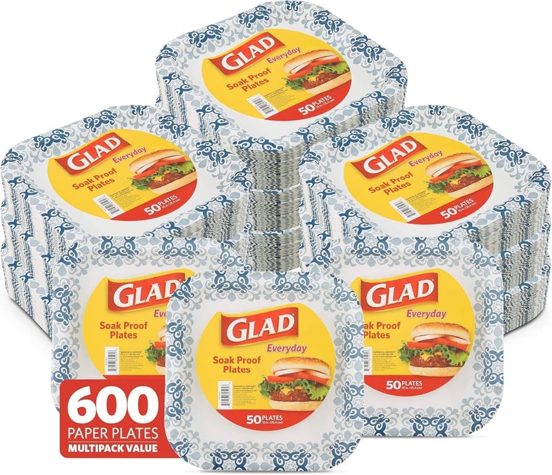 Glad Square Disposable Paper Plates, Blue Victorian Pattern - Strong, Sturdy, Soak Proof, and Microwavable Decorative Plates for Dinner and Everyday Use, 10 Inch, 50 Count - 12 Pack - Image 1