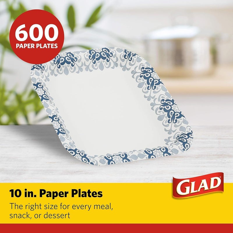 Glad Square Disposable Paper Plates, Blue Victorian Pattern - Strong, Sturdy, Soak Proof, and Microwavable Decorative Plates for Dinner and Everyday Use, 10 Inch, 50 Count - 12 Pack - Image 2
