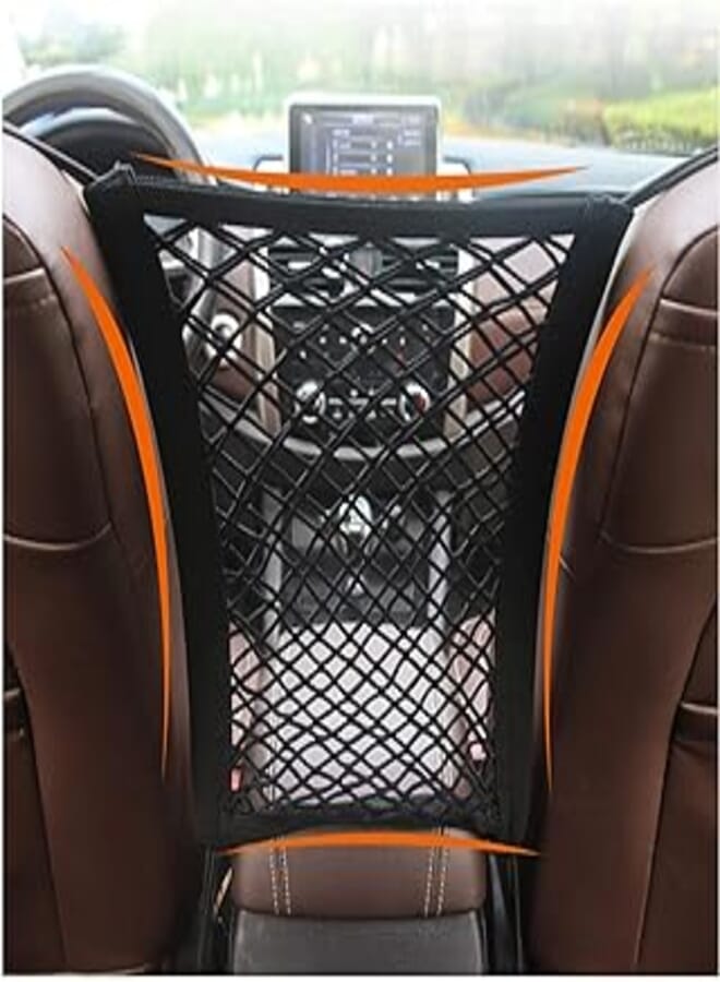 car seat storage stretchable mesh organizer, mesh cargo net hook pouch holder for purse bag phone pets children kids disturb stopper- Black