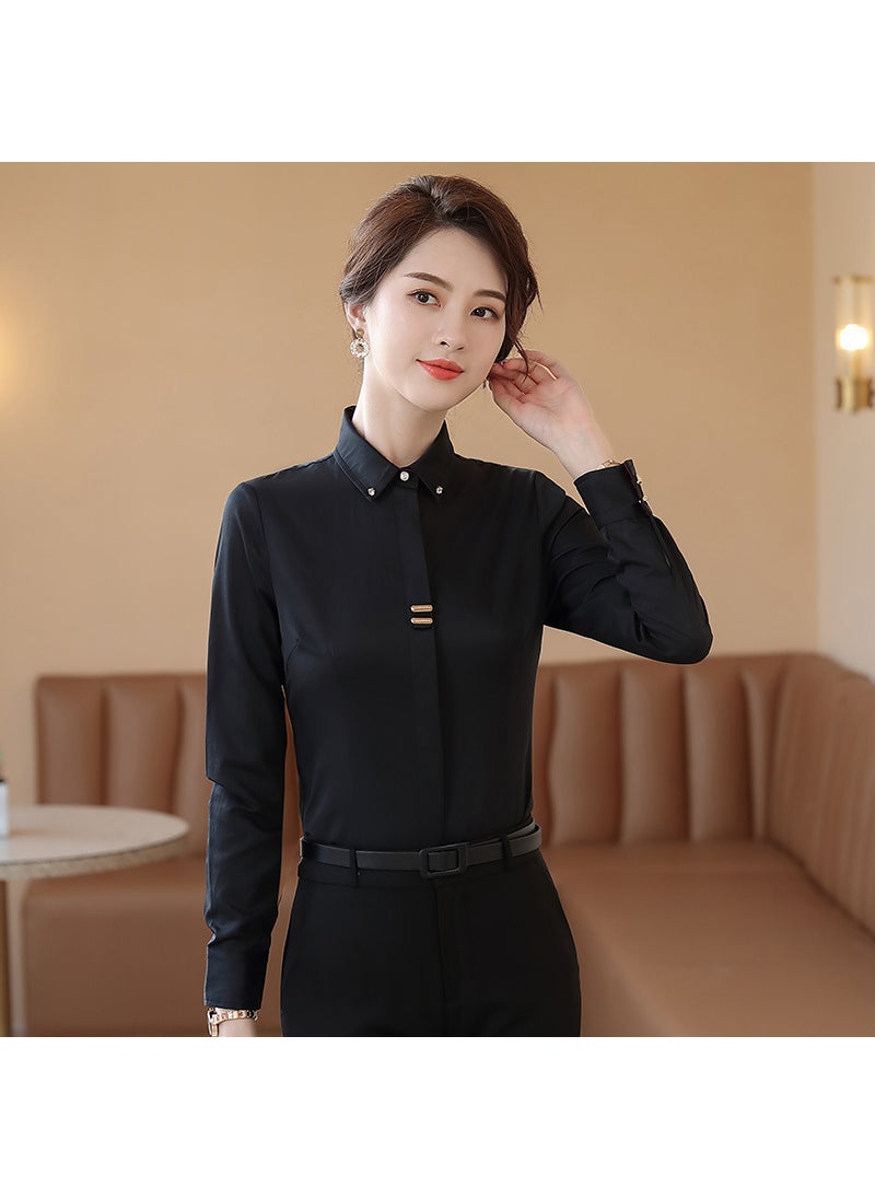 Generic Thickened Fleece Black Long Sleeve Shirt Womens Professional Work Uniform Formal Autumn Winter Base Layer Warm Blouse regular black shirt 
