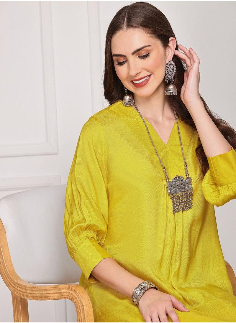 ISHIN Mustard Kurta Set Straight Fit 3/4 Sleeve Sleeve made from Viscose Shantoon featuring Self Design design and Round Neck neckline - Perfect for Ethinic!  - Image 2