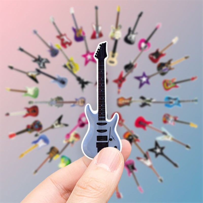 50 Pcs Multicolor Artistic Electric Guitar Stickers Bold Outlines Colorful Finishes Diverse Body Styles Modern Music Inspired Illustration Vinyl Aesthetic Decals Decorating Laptops Cell Phones Guitars - Image 4